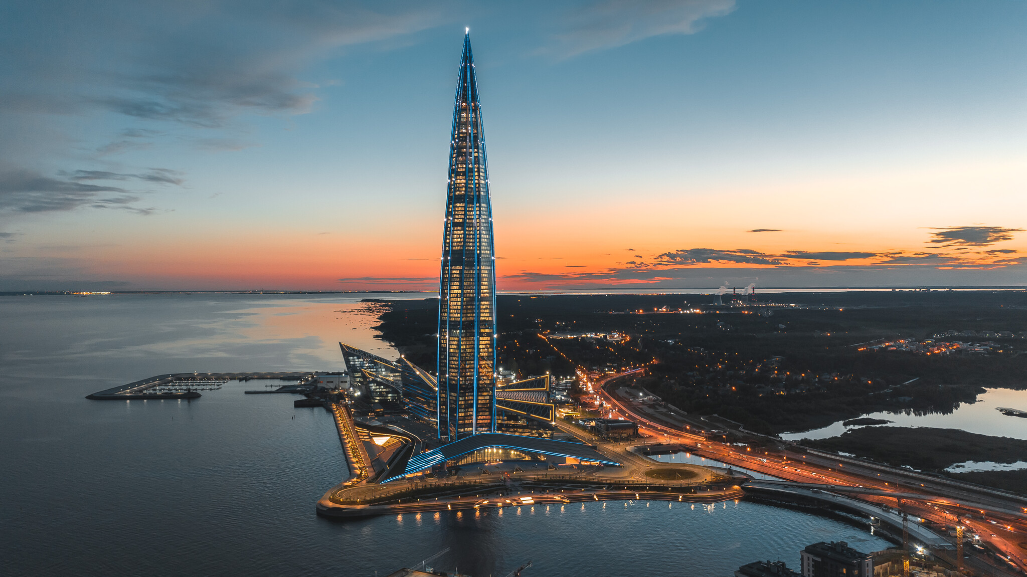 An aerial view of Lakhta Center on the gulf shore at sunset
