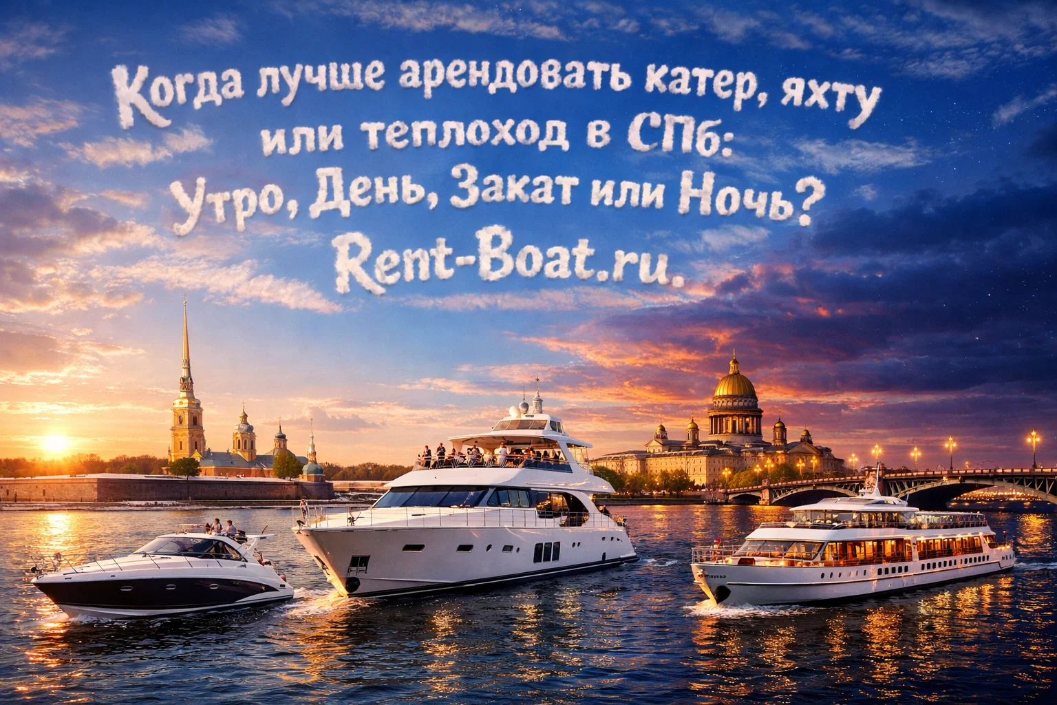 Когда лучше арендовать катер, яхту или теплоход в СПб: утро, день, закат или ночь